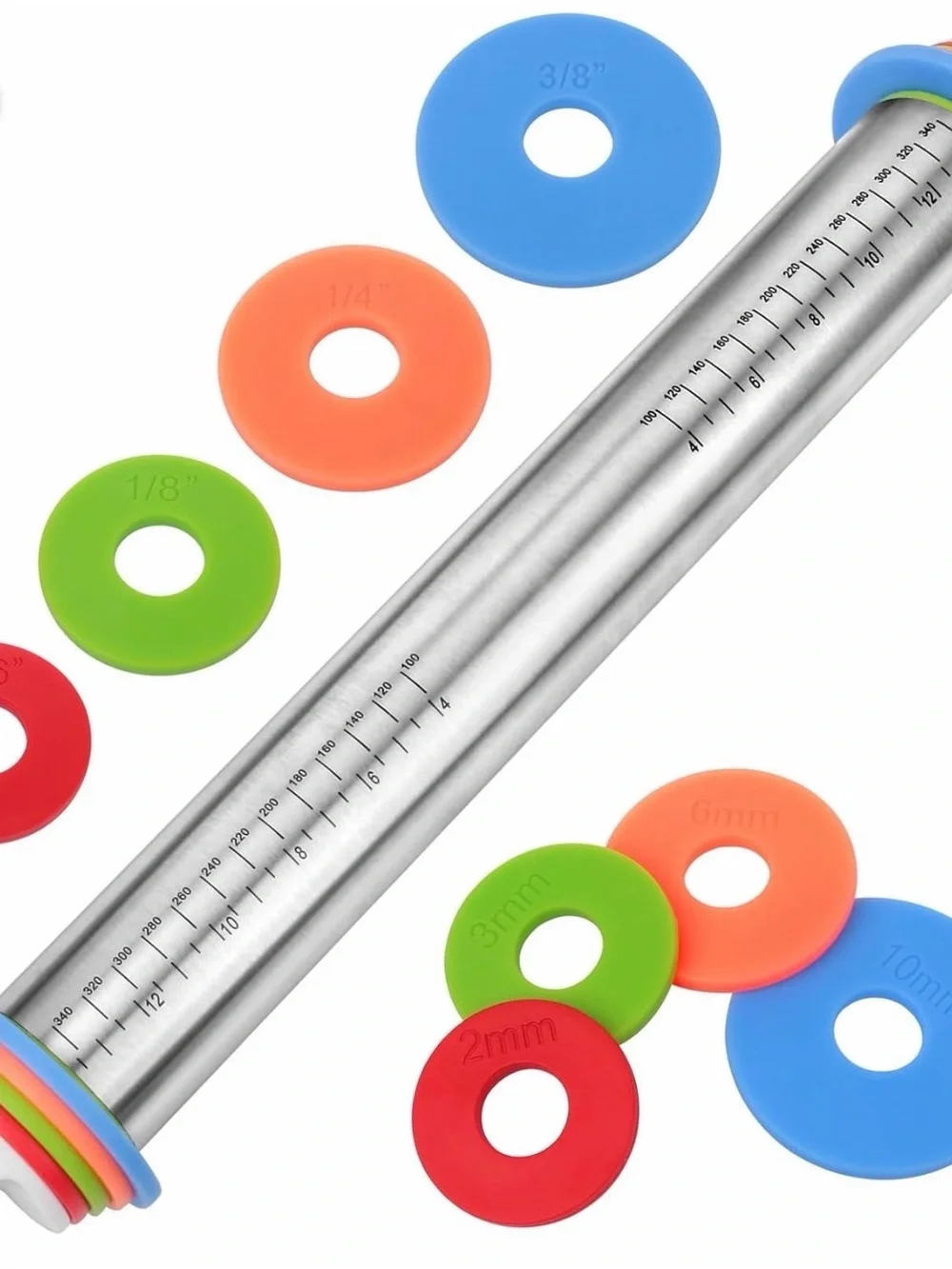 Adjustable Stainless Steel Rolling Pin with Multicolor Thickness Rings & Mat